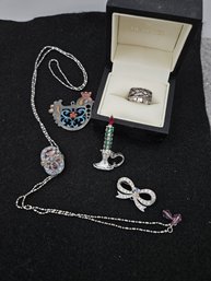 Miscellaneous Jewelry - Woman's Victorian Bola, Christmas Pins, And Silver Band Ring