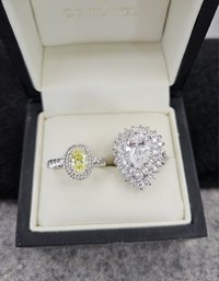 2 Ladies Cocktail Rings. One Pear-shaped Halo Design Marked 925 CZ