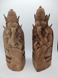 Vintage Hand-carved Ganesha Bookends From Indonesia. Made From Hardwood Like Suar, Teak Or Waru.