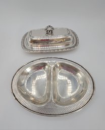 Vintage Sterling Silver Divided Oval Serving Dish And Oneida Silver Plated Butter Dish