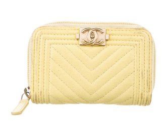 Chanel Boy Chevron Zipped Coin Purse - Pale Yellow (Full Set)