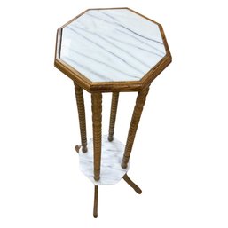 Vintage Marble Top Octagonal Pedestal Plant Stand With Lower Shelf
