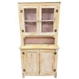 Rustic Farmhouse Pine Two-Piece Hutch Cabinet With Glass Doors & Striped Interior