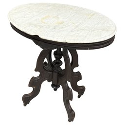 Antique Marble Top Pedestal Side Table With Carved Wood Base
