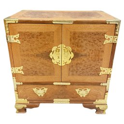 Vintage Asian Style Burl Wood Cabinet With Brass Hardware And Lower Drawer