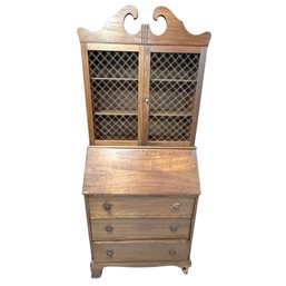Vintage Wooden Secretary Desk With Upper Bookcase And Slant Front Drop Leaf