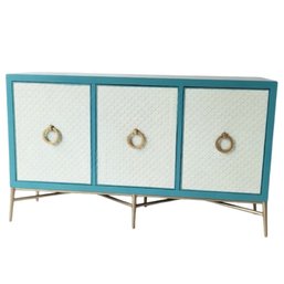 Teal Three Door Mid Century Style Credenza With Brass Ring Pulls And Gold Base