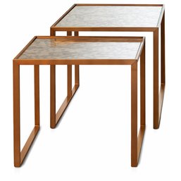 Set Of 2 Mirrored Glass Top Nesting Side Tables With Wood Frames