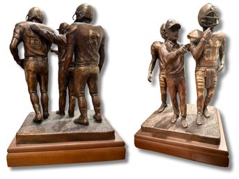 Jerry McKenna Bronze Sculpture Of Football Coach Pointing With Two Helmeted Players On A Rectangular Base