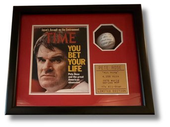 Pete Rose Framed TIME Magazine Cover Display W/ Signed Shadowbox & Inscribed Baseball