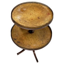 Vintage Two Tier Round Accent Table With Metal Gallery Trim And Pedestal Base