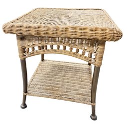 Vintage Wicker Side Table With Lower Shelf And Turned Legs