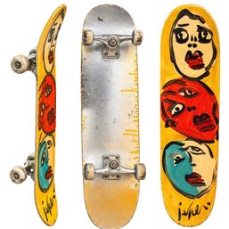Peter Robert Keil 'Hand-Painted Skateboard (Yellow Deck, Three Faces)'