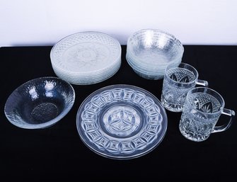 Vintage Crystal D'Arques Durand Plates And Coffee Cups Along With Other Pressed Glass