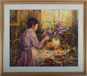Original Painting On Canvas Depicting A Woman Arranging Flowers