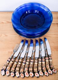Royal Crown Derby Dessert Knives With Handblown Glass Plated