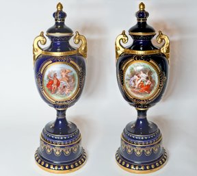 Pair Of Royal Vienna Style Hand-painted Porcelain Vases
