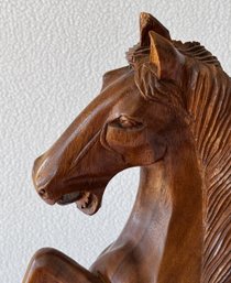 Mid-century Hand-carved Wooden Rearing Stallion Sculpture