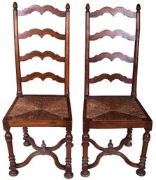 Pair Of Antique Spanish Colonial Ladder-back Rush-Seat Chairs