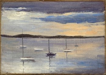 Oil Painting On Board By Levitt Of Harbor With Sailboats At Anchor