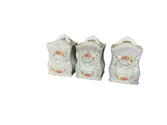 Antique Pearl White Luster Hand Painted Canisters