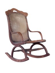 Early 20th Century Charles A Mead Leather And Wood Childs Rocking Chair