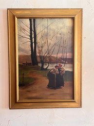 19th Century Oil Painting Of By The River Styled After Henri Lerolle