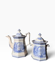 Pair Antique English Ironstone Transferware Tea Pot And Sugar