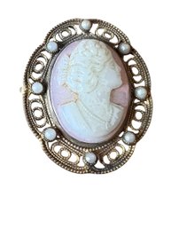 Vintage Gold Tone And Seed Pearl Cameo Pin