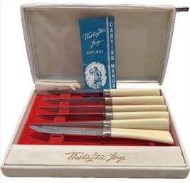Vintage Washington Forge Stainless Set 6 Steak Knives W/ Box Mid Century