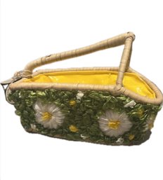 Vintage Daisy Wine Basket Holder Raffia Lined Made In Philippines