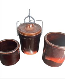 Cheese Crock With One Locking Wire Bail Lid Brown Glaze Jar
