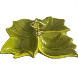 Vintage MCM Leaf Divided Dish Bowl Handle Green Made In USA Pottery