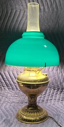 Antique 1895 Brass Converted Oil Lamp With Green Glass Globe - Made In USA