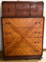 1940s Art Deco Solid Wood 5-drawer Tallboy Chest On Caster Wheels