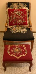 Antique Needlepoint Wooden Arm Chair & Footstool With Needlepoint Throw Pillow Included