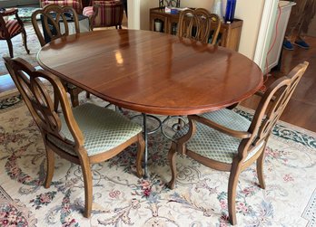 Ethan Allen Maison Wooden Dining Table With Wrought Iron Base & 6 Wooden Upholstered Chairs Included