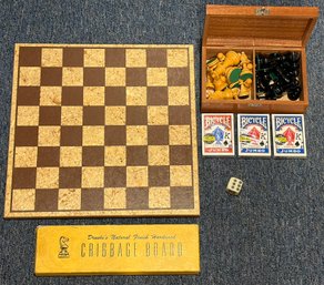 Chess Board / Cribbage Board / Decks Of Cards With Storage Box