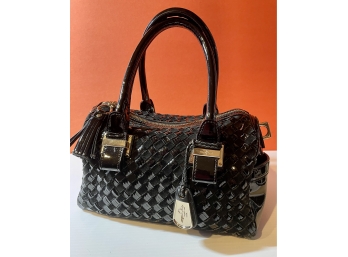 Cole Hahn Woven Leather Satchel Handbag Black Patent
