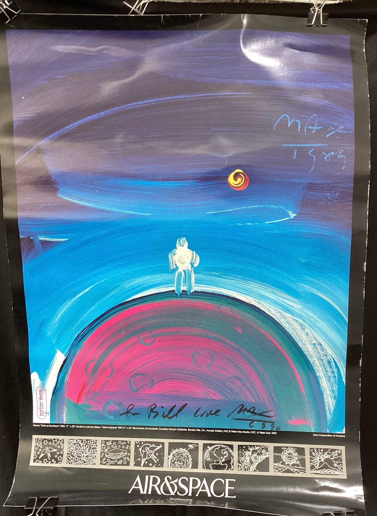 Peter Max 1989 SONY Man On The Moon Signed & Dedicated Poster Man In ...