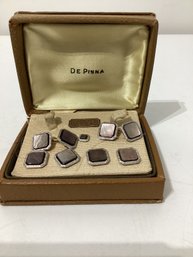 Vintage Art Deco Abalone Mother-of-pearl Cufflinks And Stud Set, With Platinum-inlay Rims