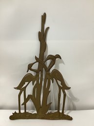 Mid-century Brass Wall Sculpture Featuring Cranes Or Ducks In Reeds