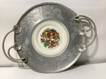 Vintage Farberware Hammered Aluminum Serving Tray With A Limoges Porcelain Center Plate
