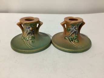 Pair Of Roseville Columbine Art Pottery Candle Holders, Shape Number 1145-22
