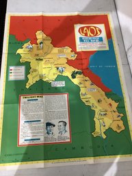 'Twilight War' Headline-Focus Wall Map Of Laos Published By The Civic Education Service In 1966