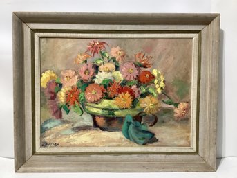 Zinnias From The Garden Oil On Masonite  E. Zavatsky