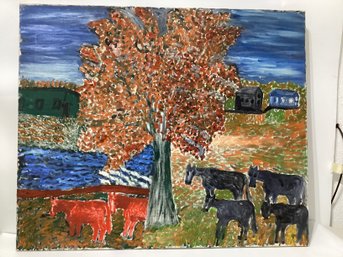 Oil On Canvas Landscape With Cows Unsigned