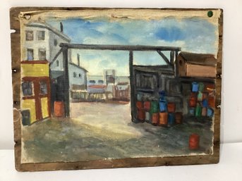 Oscar Fisher C.1930s WPA Industrial NYC Factory Landscape Estate Stamped To The Board On Verso