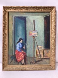 Unsigned Painting Of Woman Sitting In Front Of Easel