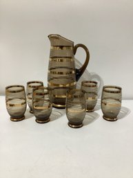 MCM Amber Or Smoke-brown Glass Pitcher And Tumblers Set With Gold Banding